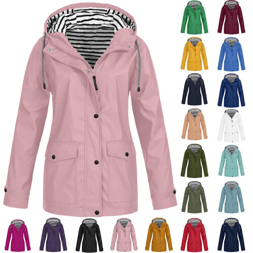 Women's solid casual hooded raincoat with drawstring and