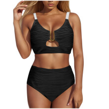 Kukoosong Bikini Set voor Dames met Hoge Taille, V-hals, Geplooide Textuur en Dunne Bandjes, perfect voor Zomerse Strandkleding