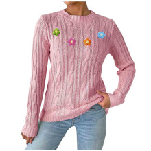 Dameskabeltrui met bloemenapplicaties, gemaakt van zacht acryl, losse pasvorm, casual, ronde hals, comfortabel, maat S-XL