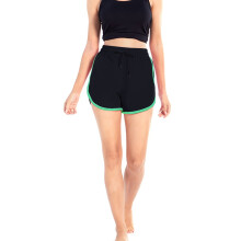 Shorts de treino femininos, cintura elástica, cordão, design com recortes – ideais para ioga, academia e corrida – preto/verde, tamanhos P-4XG