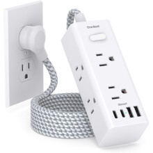 6-Outlet Power Strip with 4 USB (2xUSB-C), 5ft Flat Plug, Wall Mount, Travel/Home/Office Use, Compatible with US Outlets