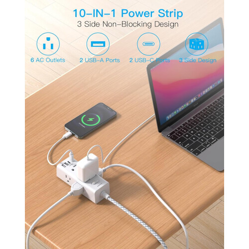Πολύπριζο 6 πριζών με 4 USB (2xUSB-C), Επίπεδη πρίζα 5 ποδιών, Στήριγμα στον τοίχο, Χρήση 1