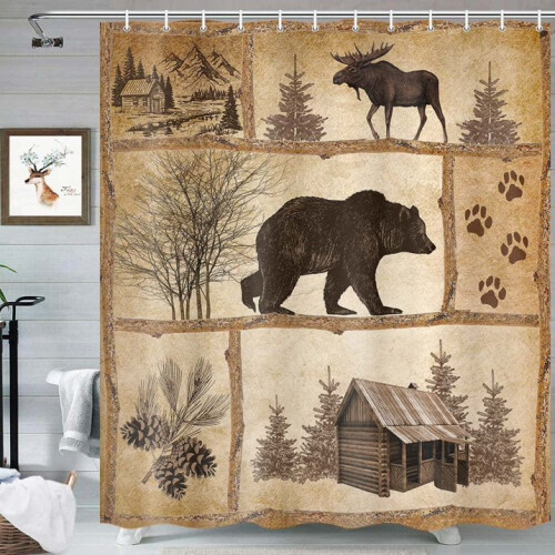 Ρουστίκ σετ κουρτινών ντους καμπίνας, Farmhouse Bear Moose Vintage ξύλινη διακόσμηση, σετ 1