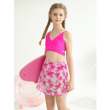 BULLPIANO Girls Swimsuit 3 Piece Tropical Floral Print Bikini Set Criss Cross Bathing Suit with Drawstring Quick Dry Cover Up Skirt 9-16Y