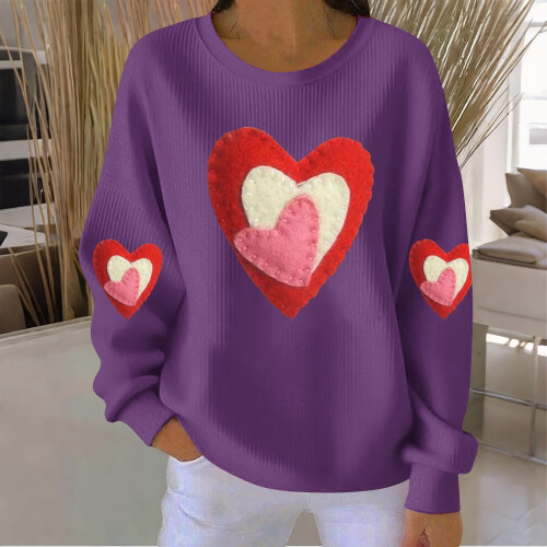 Felpa da donna a coste con scollo rotondo e cuore per San Valentino, lunga 1