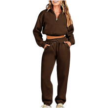 Conjunto de moletom feminino com capuz, 2 peças, casual, com zíper até a metade, manga longa e calça, tamanhos P a GG. Disponível nos tamanhos P