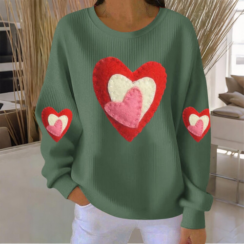 Damen-Sweatshirt zum Valentinstag mit Herzprint, geripptem Rundhalsausschnitt, lässigem Langarm-Pullover 1