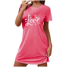 Große Größen, süßes Nachthemd mit Print, Kurzarm, Rundhalsausschnitt, dehnbares Polyester-Spandex-Kleid, Größen S-2XL, Übergrößen für