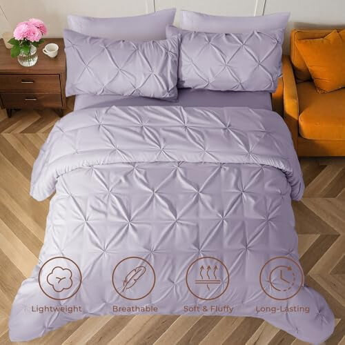 King Size 7-Piece Comforter Set with Pintuck Design – Includes Comforter, Sheets, Pillowcases & Shams, Lavender 1