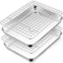 Stainless Steel Toaster Oven Pan & Rack Set (2 Pans + 2 Racks), 9x7x1", Non-Toxic, Dishwasher Safe, for Baking/Roasting/Cooling