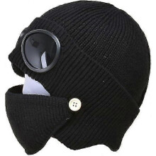 (Black)Unisex Goggle Knitted Beanie Hat Outdoor Winter Warm Ski Hat With Goggle For Man Women Zekai