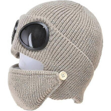 (Khaki)Unisex Goggle Knitted Beanie Hat Outdoor Winter Warm Ski Hat With Goggle For Man Women Zekai