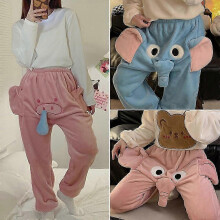 (XL, Pink Pig) Funny Elephant 3D Flannel Pajamas Pants Men Women Couple Cartoon Animal Winter Warm Cozy Soft Trousers Pjs Sleepwear