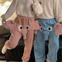 (L, Pink Elephant) Funny Elephant 3D Flannel Pajamas Pants Men Women Couple Cartoon Animal Winter Warm Cozy Soft Trousers Pjs Sleepwear