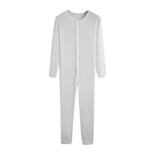 (L,White)Men's One Piece Long Johns Night Pajama-Yvan 1