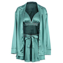 (L, Green) Women Pajamas Sexy Breathable Elegant Summer Women Ruched Silk Nightwear For Home ZKFN