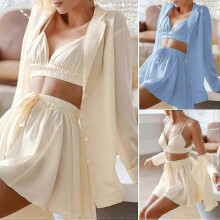 (L, Champagne) Women Pajamas Sexy Breathable Elegant Summer Women Ruched Silk Nightwear For Home ZKFN