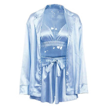 (S, Blue) Women Pajamas Sexy Breathable Elegant Summer Women Ruched Silk Nightwear For Home ZKFN