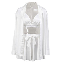 (L, White) Women Pajamas Sexy Breathable Elegant Summer Women Ruched Silk Nightwear For Home ZKFN