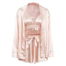 (L, Light pink) Women Pajamas Sexy Breathable Elegant Summer Women Ruched Silk Nightwear For Home ZKFN