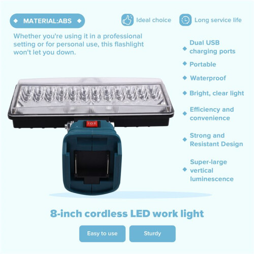 Luz de Trabalho de 8 Polegadas, Lanterna LED Sem Fio para , 18 V 14 V, USB Duplo, Íon de Lítio, Luzes Arquitetônicas Portáteis para Acampamento 2