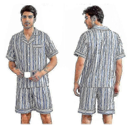 (L,BLUE)Men's Short Sleeve Ice Silk Pajama Set With Shorts zZ