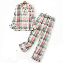 (S, pink) Women's Pajamas Flannel Cotton Home Wear Suit Autumn Winter Pajamas Plaid Print Sleep Tops