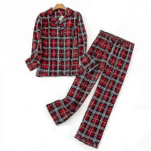 (M, red) Women's Pajamas Flannel Cotton Home Wear Suit Autumn Winter Pajamas Plaid Print Sleep Tops