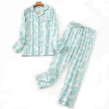 (M, green) Women's Pajamas Flannel Cotton Home Wear Suit Autumn Winter Pajamas Plaid Print Sleep Tops