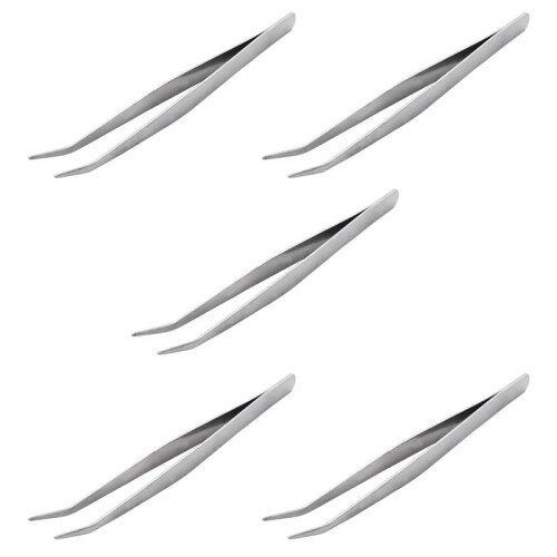 5 Pcs 5.9 Inch Long Silver Tone Bent Curved Tip Tweezers Forceps Plier Hand Tool 1