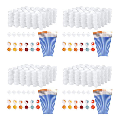 80 Strips 480 Pots Empty Paint Strips and 80 Pieces Paint Brushes,Paint Cup Clear Plastic Storage Containers,3Ml/0.17Oz