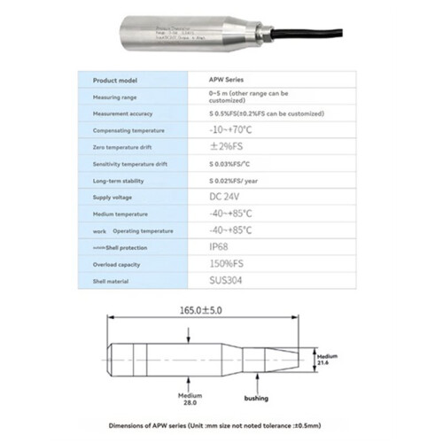 Submersible Water Level Transmitter Liquid Level Sensor High Protection Water Level Measurement 5meters Range 5m Cable 2