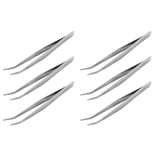 6pcs 5.9 Inch Long Silver Tone Bent Curved Tip Tweezers Forceps Plier Hand Tool