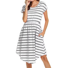 Women Maternity Nursing Dress Summer Short Sleeve Color Blocking Midi Dresses for Ladies Breastfeeding Everyday White 2XL