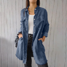 Veste en jean longue classique pour femme Ozmmyan, grandes tailles, coupe ample, manches longues, boutonnée, ourlet effiloché, légère, tailles S