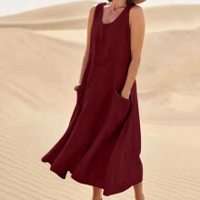 Kukoosong Women's Sleeveless Cotton-Linen Sundress with Pockets, U-Neck Tank Dress for Summer Beach Vacation – Compatible with All Body Types