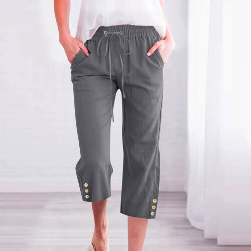 VERUGU Παντελόνι Capris για γυναίκες, μοντέρνο, casual, μονόχρωμο, ελαστικό, φαρδύ 1