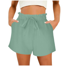 Shorts femininos Verão 2025, casuais, de cor sólida, com cintura elástica, da coleção Primavera/Verão 2025, com bolsos. Novos shorts da moda em