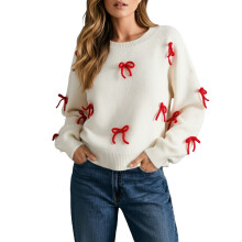 Women's Red Bow Christmas Sweater Loose Round Neck