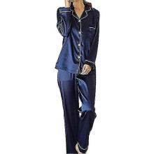 (XL, blue) (size M) Women's Soft Silk Satin Long Sleeve Sleepwear Pajamas Set