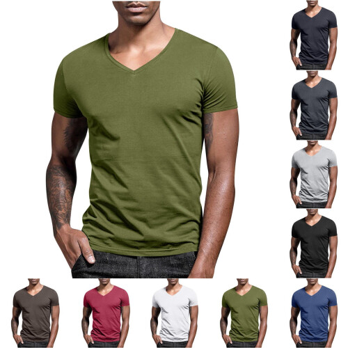 Καλοκαιρινά Ανδρικά T-Shirts Μονόχρωμα με V λαιμόκοψη και κοντομάνικα μπλουζάκια για
