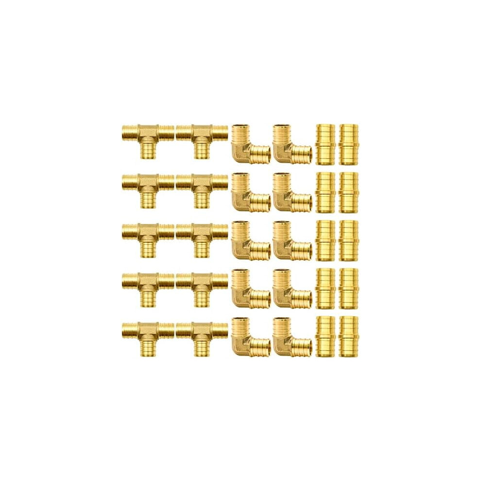30Pcs 3/4" Pex Fittings, Elbow Tee Straight Couplings Set, Pex Brass Crimp Fitting Combo With Tees, Elbows, Straights 9175034199110