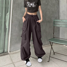 lulshou Dames Cargo Broek in grote maten met zakken, effen kleur, hoge taille, wijde pijpen, casual werkbroek met trekkoord