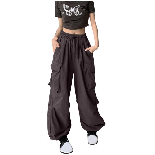 Γυναικείο παντελόνι lulshou Plus Size Cargo με τσέπες, μονόχρωμο, ψηλόμεσο, φαρδύ μπατζάκι, 1