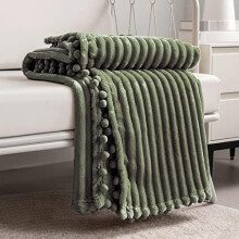 Olive Green Fleece Blanket Twin 60x80 – Soft, Plush, Cozy with Pompom Fringe – Perfect Couch/Bed Throw
