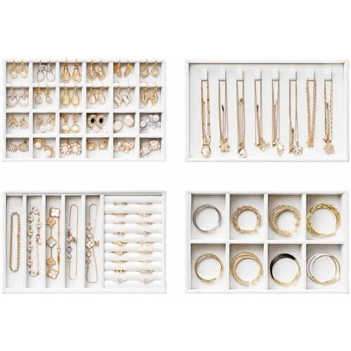 Samt-Schmucktablett-Set, 4-teilig, stapelbarer Schubladenorganizer