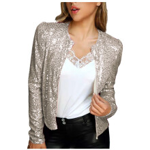 Paillettenjacke für Damen, kurzer Cardigan, Puffärmel, glänzender, funkelnder Bolero, Clubwear, Glitzerjacken mit offener Vorderseite