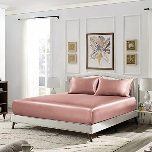 Σετ σεντόνια 3 τεμαχίων από σατέν king size με 2 μαξιλαροθήκες, σε χρώμα σαμπάνιας, 1