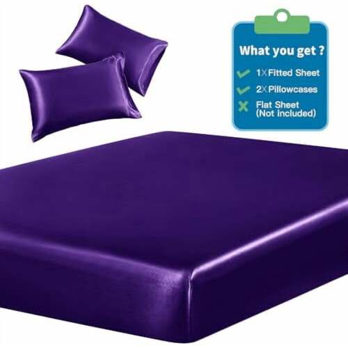 Σετ σεντόνια 3 τεμαχίων από σατέν king size με 2 μαξιλαροθήκες, μωβ, χωρίς ρυτίδες, 2