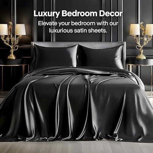 Σετ σεντόνια Queen Satin 4 τεμαχίων, μαλακά μαύρα μεταξωτά σεντόνια για μαλλιά και 1
